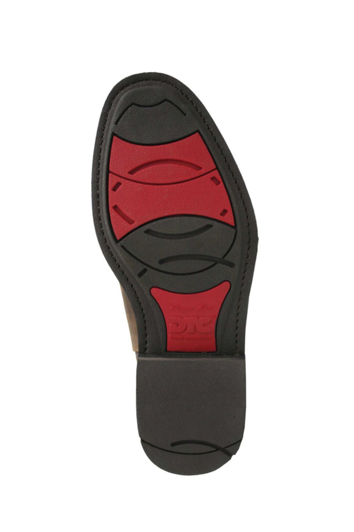 The image shows the sole of the Thomas Cook Duramax DTC Elastic Sided Boot, featuring a black and red rubber tread pattern with textured and smooth sections, square toe shape, photographed against a white background.