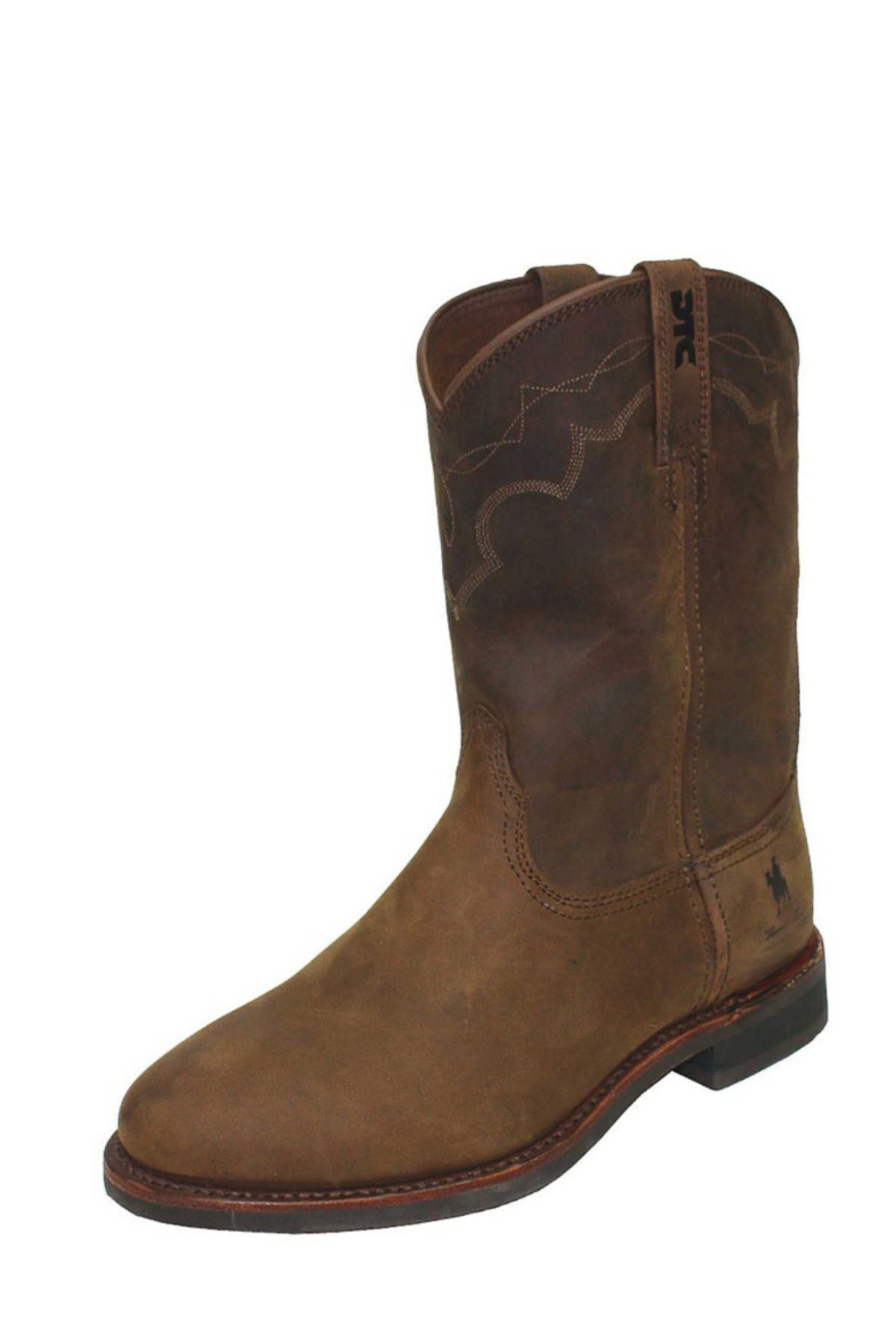 The Thomas Cook Duramax DTC Roper Boot features a brown leather upper, decorative shaft stitching, rounded toe, and low heel—shown solo against a plain white background.