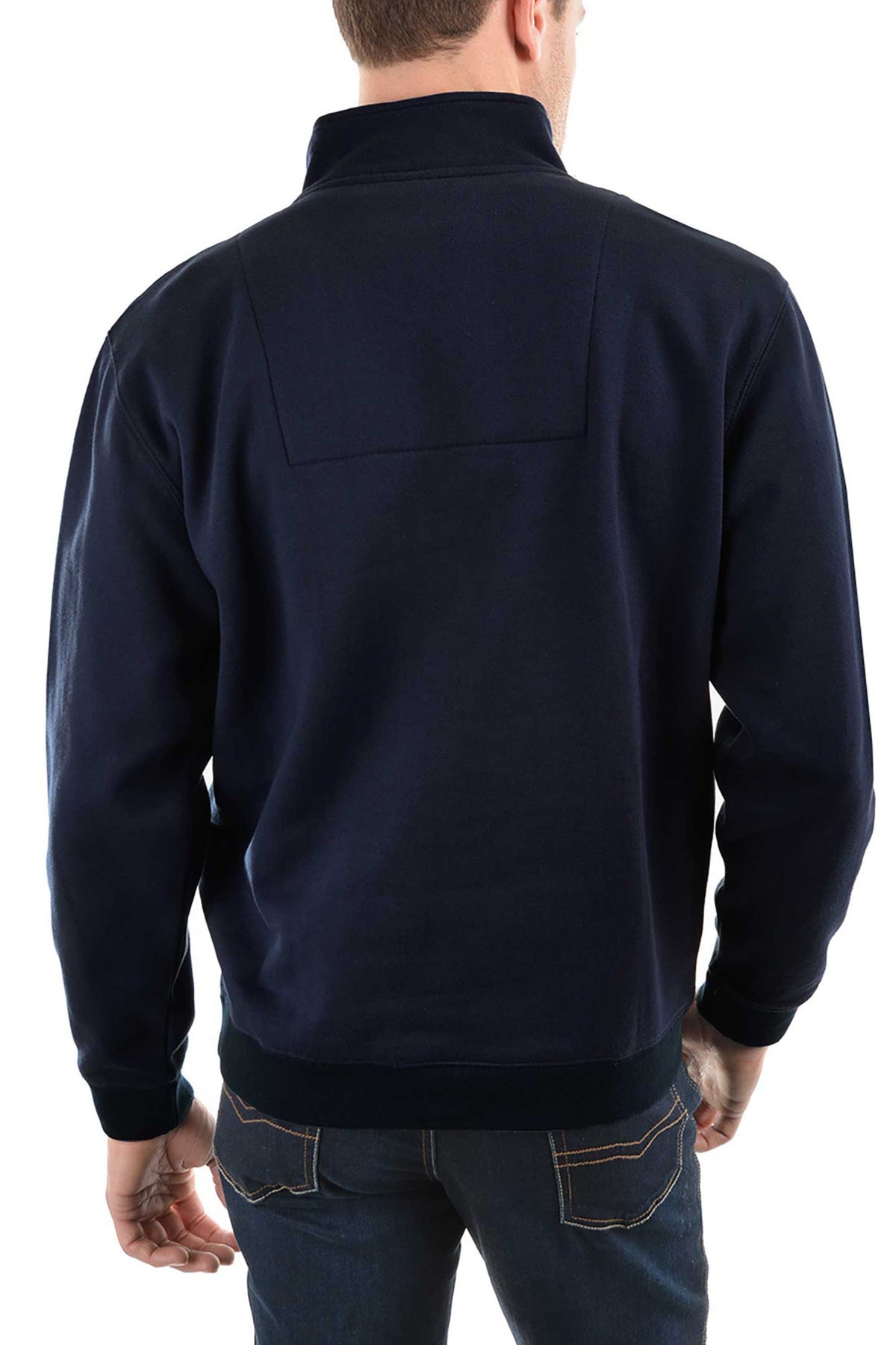 A man is seen from behind wearing the Thomas Cook Flinders Fleece Top in dark navy with blue jeans. The top features a high collar, ribbed cuffs, and hem—ideal for outdoor activities. The background is white.