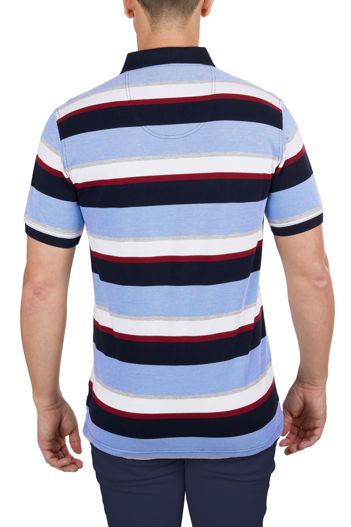 A man is seen from behind wearing the Thomas Cook Gavin Polo, a 100% cotton multicolour stripe polo in light blue, navy, white, and red, paired with dark pants.