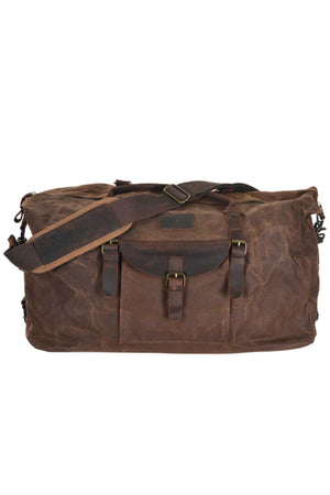The Thomas Cook Gundaroo Duffle Bag is a large brown waxed canvas bag with leather straps, accents, a buckle front pocket, and an adjustable shoulder strap—ideal as a rugged travel companion for any adventure.