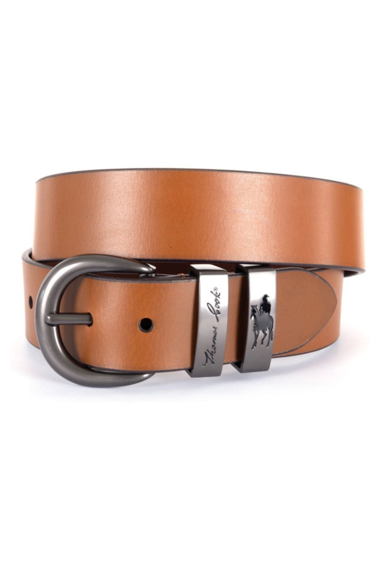 The Thomas Cook Gunmetal Twin Keeper Belt, in tan genuine leather, features a dark gunmetal buckle and two metal loops—one engraved with the signature and the other with a horse and rider logo—rolled up on a white background.