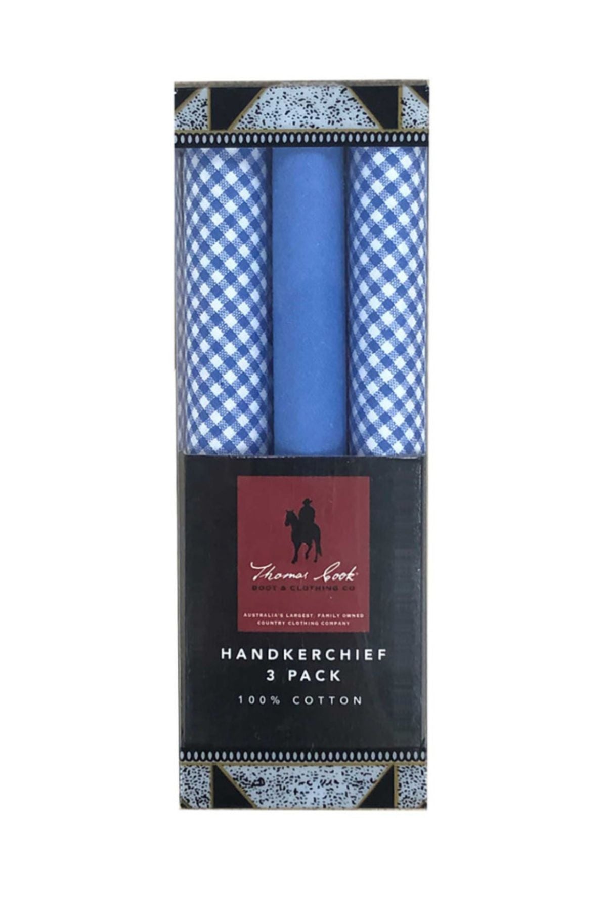 The Thomas Cook Handkerchief 3 Pack features two blue and white check cotton handkerchiefs and one solid blue, all presented in stylish black packaging with product and brand details.