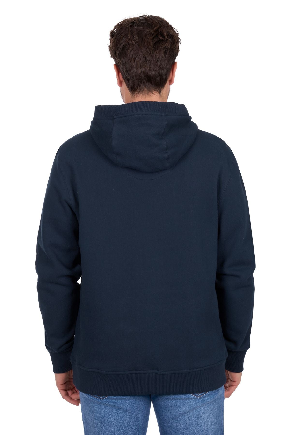A person faces away from the camera, wearing a Thomas Cook Heritage Oval Hoodie in dark navy and light blue jeans, set against a plain white background.