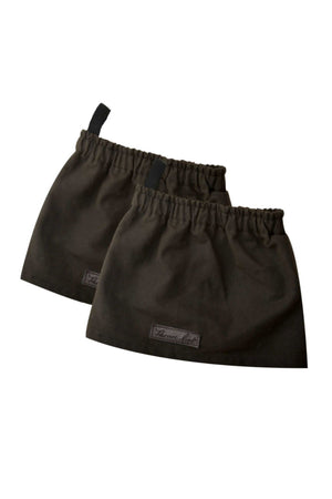 The Thomas Cook High Country Bushman Short Oilskin Gaiters are dark, fabric gaiters with elastic bands and small loops, offering outdoor protection for the lower legs. Each features a small rectangular label.