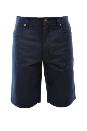 Thomas Cook Jake Comfort Waist Short in navy blue, knee-length, features front and back pockets, button closure, belt loops, and stretch fabric for all-day comfort, shown on a white background.