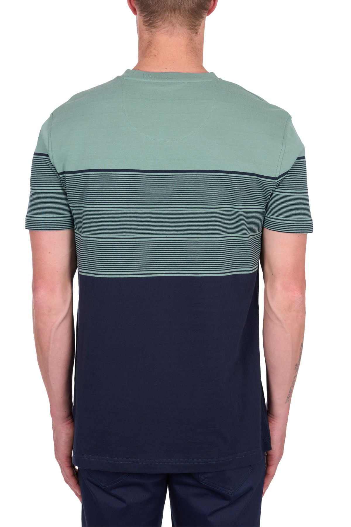A man is seen from the back wearing the Thomas Cook Jason Tee, a 100% cotton jersey with a light green upper, multicolour horizontal stripes in the center, and a solid dark blue lower section. He also wears dark pants.