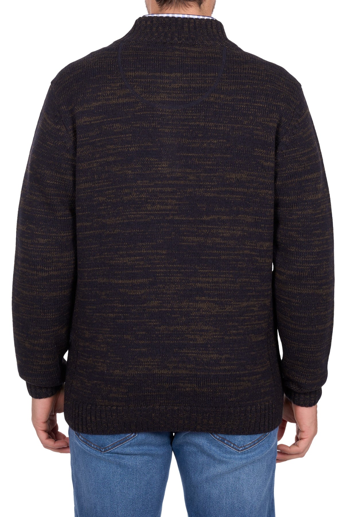 A person wearing the Thomas Cook Jesse 1/4 Zip Jumper—a dark brown and black chunky rib knit sweater—and blue jeans, shown from the back against a white background.