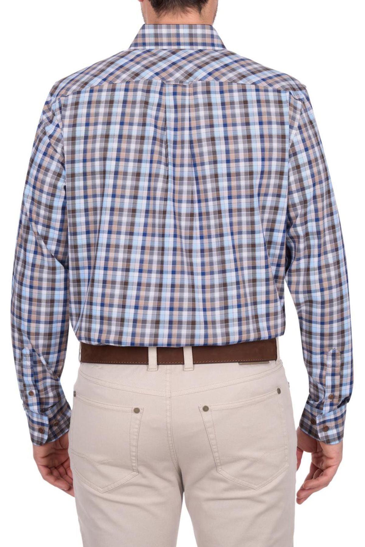 A person is seen from the back wearing the Thomas Cook Jonathan Shirt—a long-sleeved, 100% cotton shirt with blue, brown, and white plaid—paired with light beige pants and a brown belt.