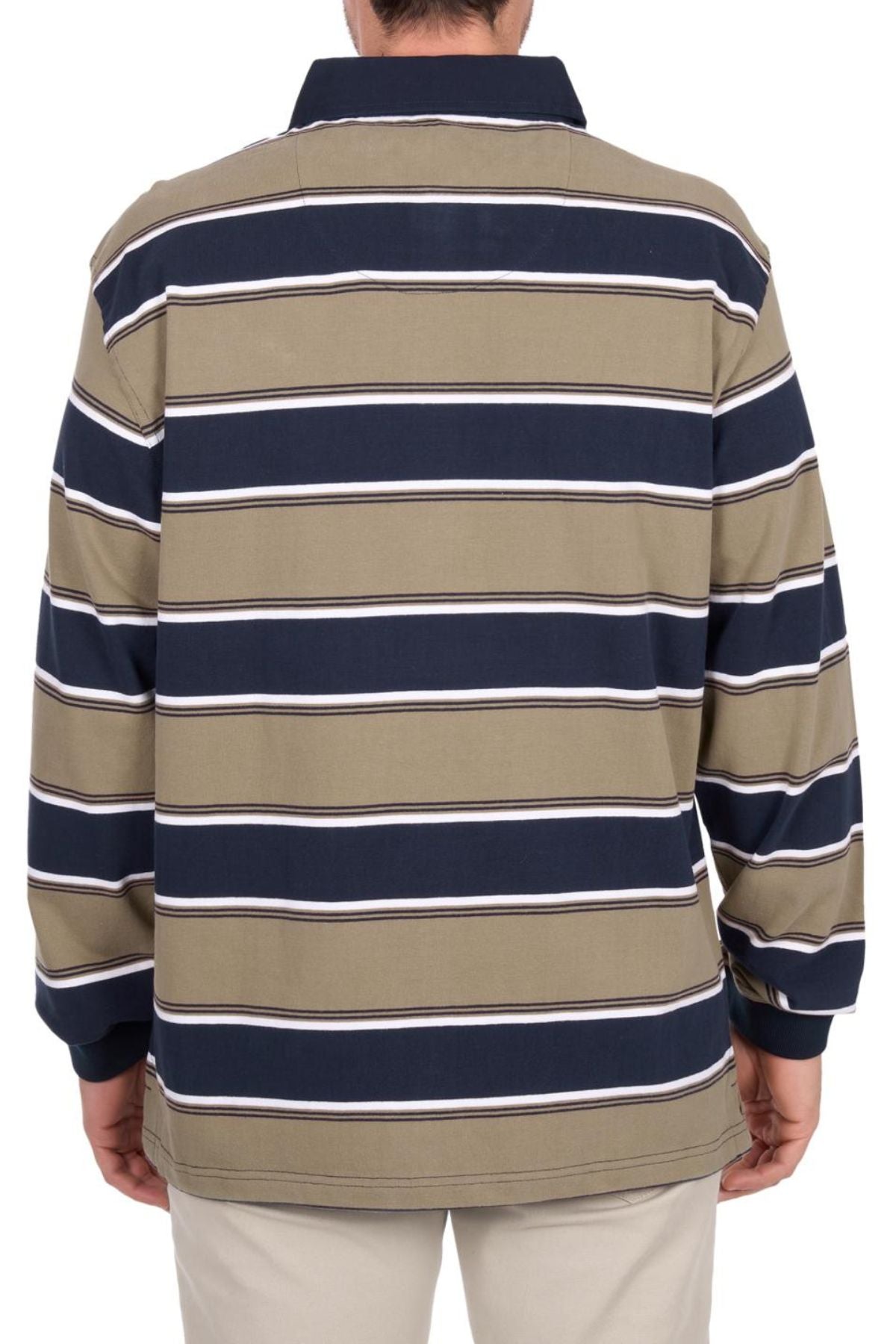A person is seen from behind wearing the Thomas Cook Jose Rugby shirt, featuring horizontal navy, white, and olive green stripes with a dark collar and heavyweight jersey fabric, paired with light-colored pants.
