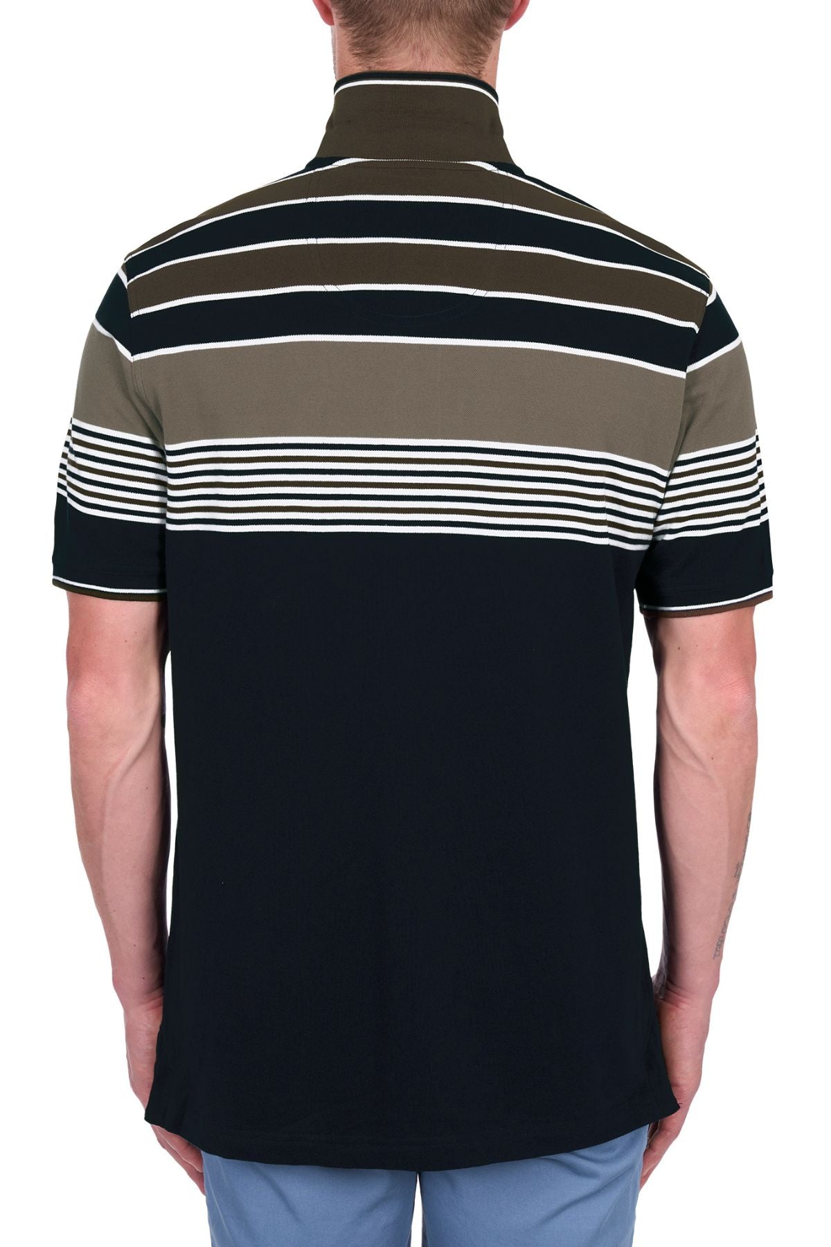 A man is seen from behind in a Thomas Cook Josua Polo, a short-sleeve striped 100% cotton pique shirt, paired with light blue pants against a plain white background.