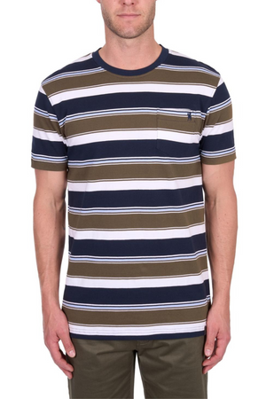 A man in the Thomas Cook Keith Stripe Tee—a multi-colour striped shirt with navy, white, and olive stripes, a chest pocket with horseman embroidery—paired with olive pants stands against a plain background.