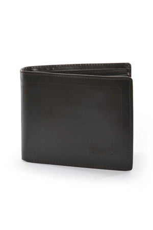 The Thomas Cook Leather Edged Wallet is a dark brown genuine leather wallet with visible edge stitching, displayed upright and slightly open against a white background.