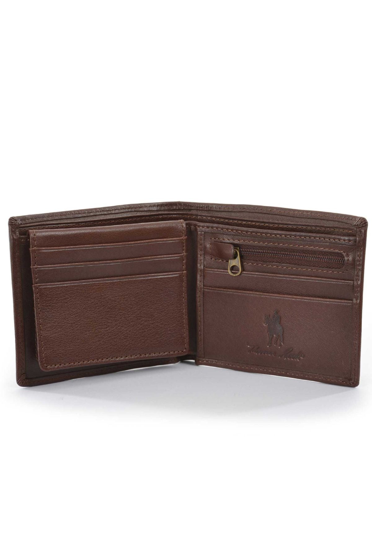 Open brown Thomas Cook Leather Edged Wallet, crafted from genuine leather with multiple card slots, a zippered coin pocket, and an embossed horse and rider logo inside. Features RFID PROTECT for extra security.