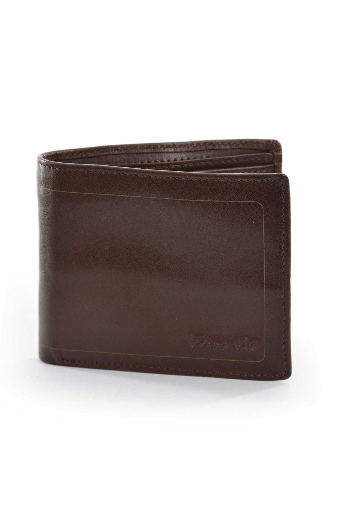 A Thomas Cook Leather Edged Wallet in dark brown genuine leather stands upright on a white background, partially open to showcase its slim, simple design and RFID PROTECT feature for added security.