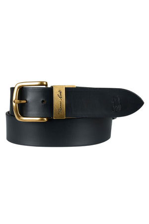 The Thomas Cook Lincoln Reversible Belt is made of genuine leather in black, featuring a gold buckle, an engraved metal plate near the buckle, and an embossed horse logo on the tip.