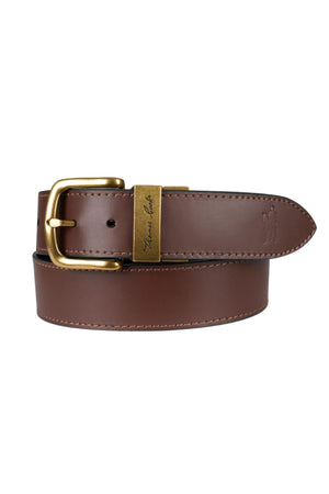 The Thomas Cook Lincoln Reversible Belt features genuine brown leather, a gold buckle with engraved plate, visible edge stitching, and an embossed logo near the tip for a classic, durable look.