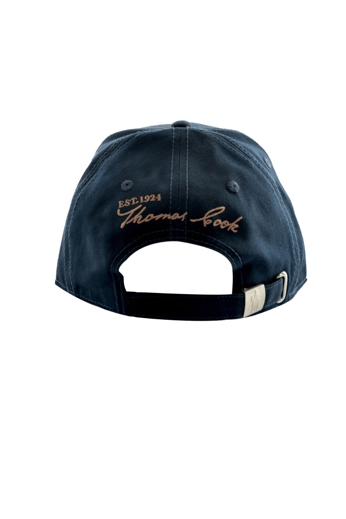 The Thomas Cook Logo Cap in navy blue is shown from the back, displaying tan embroidered "EST. 1924 Thomas Cook" text above an adjustable strap with a metal clasp.