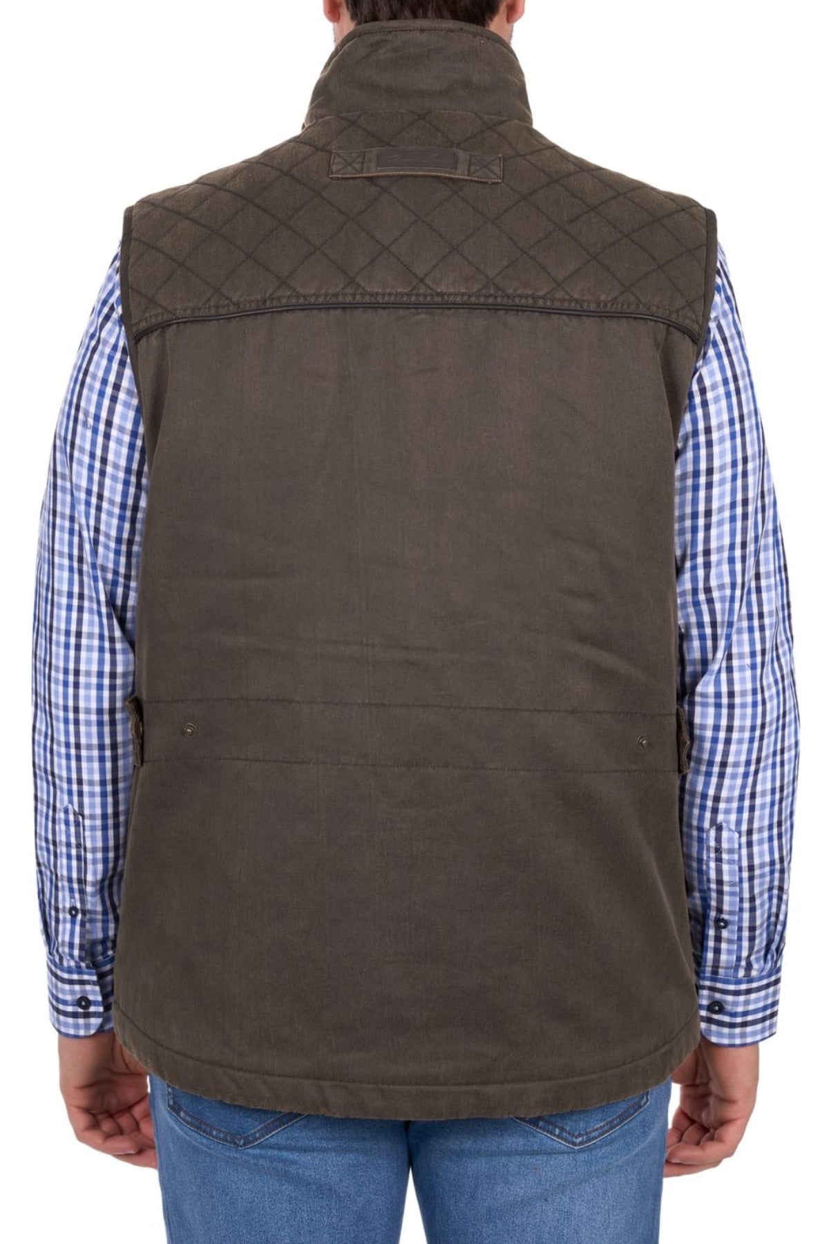 A person shown from the back wears the Thomas Cook Marcus Vest in brown over a blue and white plaid shirt and blue jeans, with a plain white background.