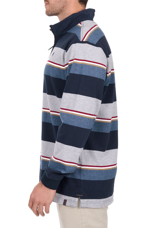 A man wearing the Thomas Cook Nathan 1/4 Zip Rugby—a long-sleeve, collared shirt with navy blue, light gray, and blue stripes plus thin red and yellow lines—stands sideways with his face partially out of view.
