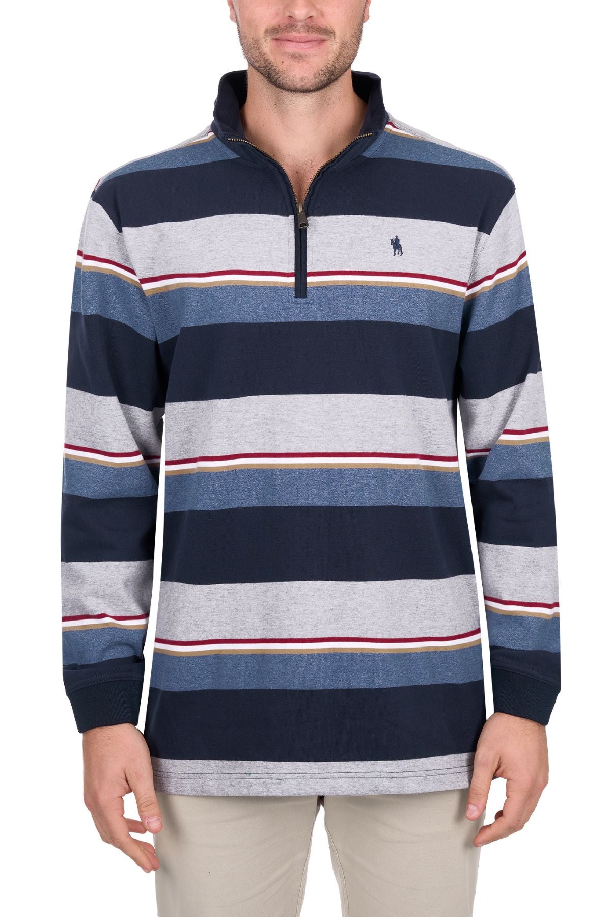 A man wearing the Thomas Cook Nathan 1/4 Zip Rugby, featuring horizontal navy, gray, blue, and red stripes, and light-colored pants stands against a white background.