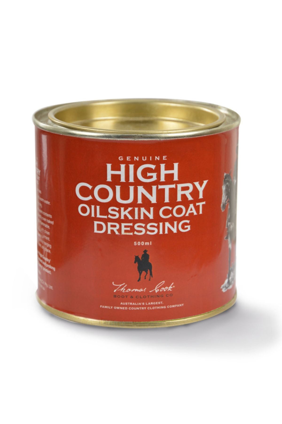 A 500ml red tin labeled "Thomas Cook Oilskin Coat Dressing" with gold trim offers water-resistant treatment for premium oilskin garment care. The Thomas Cook Boot & Clothing Co. logo is displayed below the text.