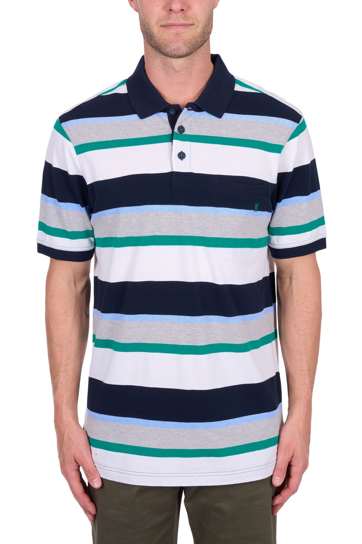 A man wears the Thomas Cook Paul Polo, a short-sleeve cotton pique shirt with navy, white, gray, green, and blue stripes. It features a collar and neck buttons and he stands with his arms relaxed at his sides.