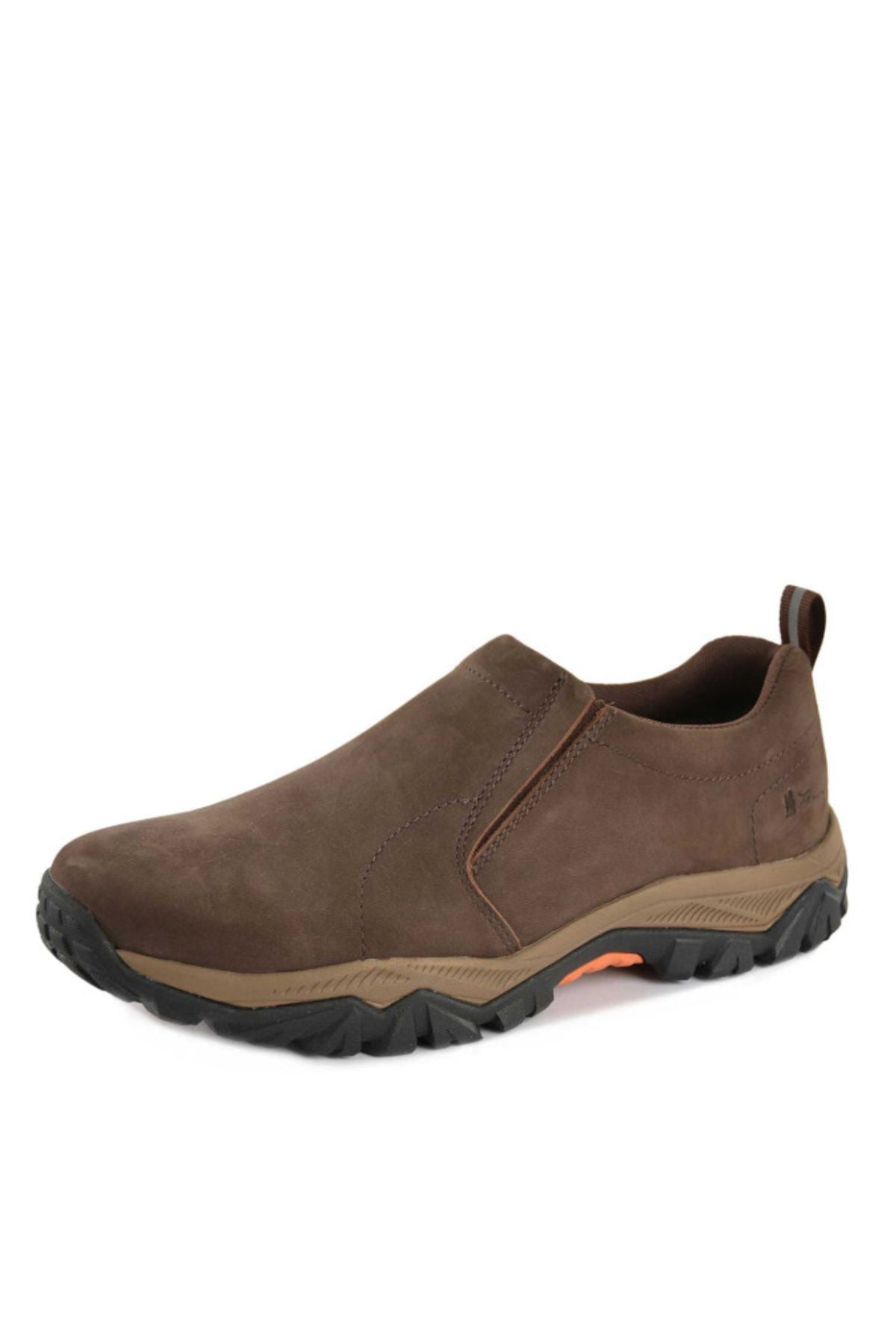 The Thomas Cook Ramble Slip On Shoe features brown nubuck leather, a rugged rubber sole, memory foam innersole, and a handy heel pull tab—ideal for outdoor or casual wear. Shown on a white background.