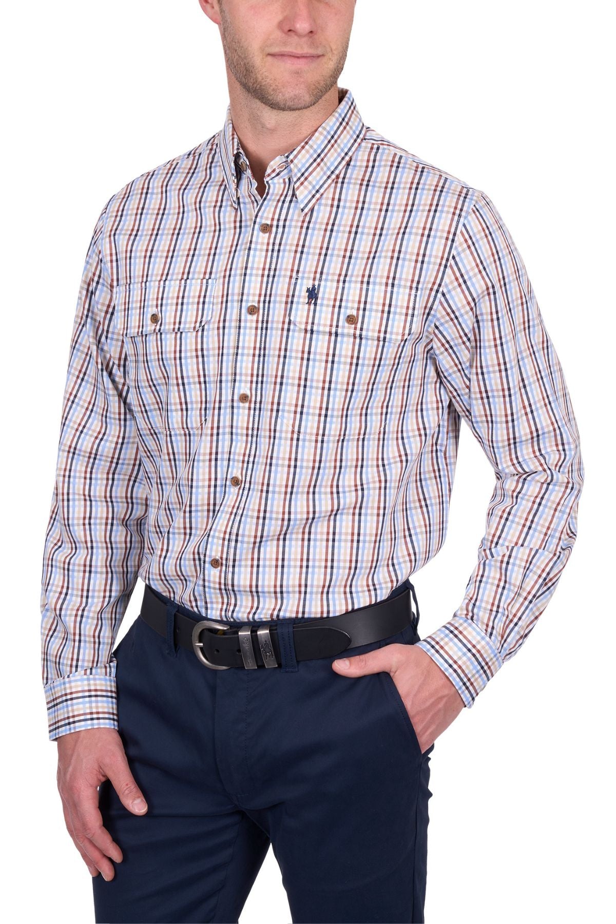 A man wears a Thomas Cook Scott Shirt—100% cotton, long sleeve, with blue, red, and white plaid—tucked into navy blue pants and a black belt. The image is cropped at the head and legs.