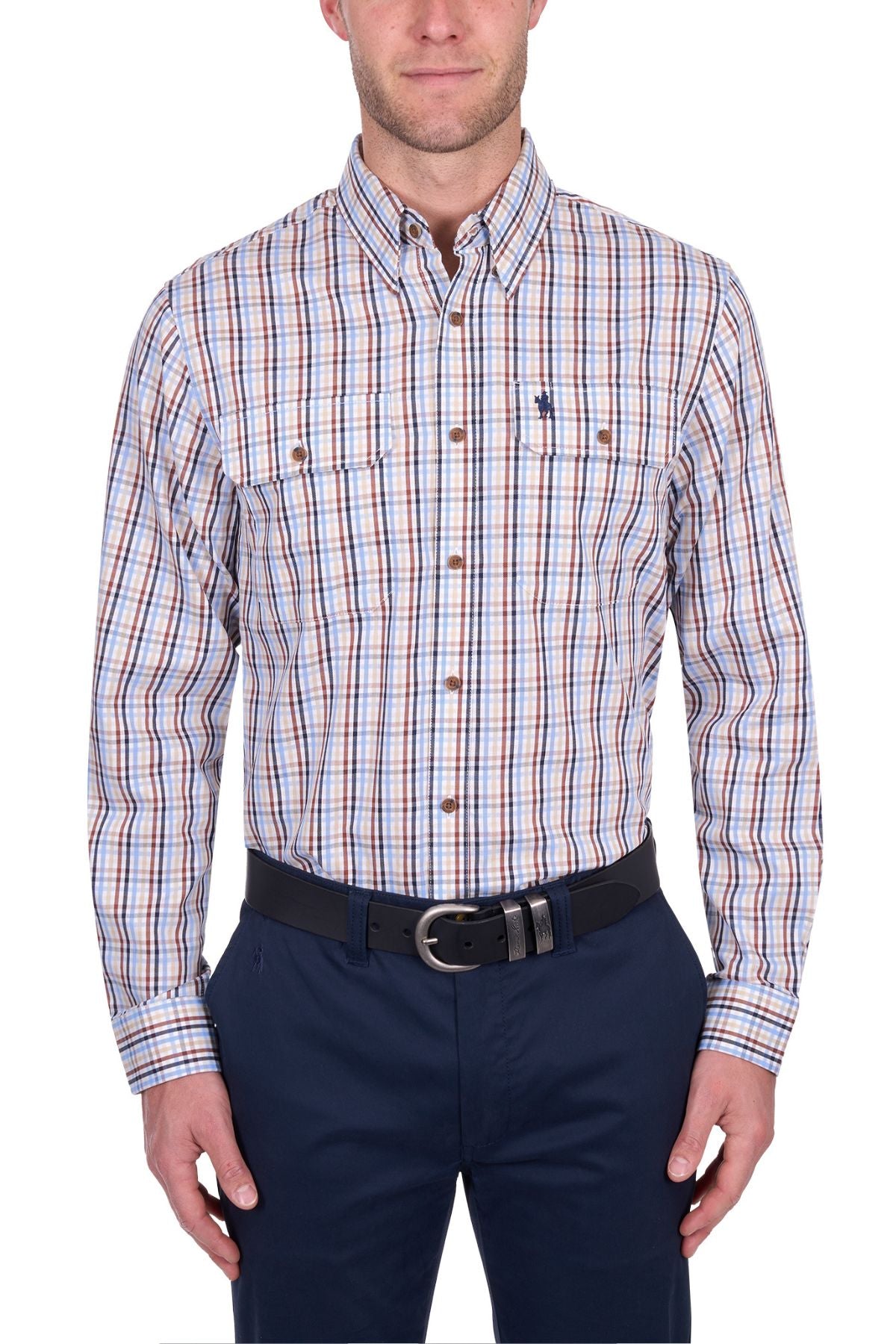 A man wears a Thomas Cook Scott Shirt—100% cotton, long sleeve, with blue, red, and white plaid—tucked into navy blue pants and a black belt. The image is cropped at the head and legs.