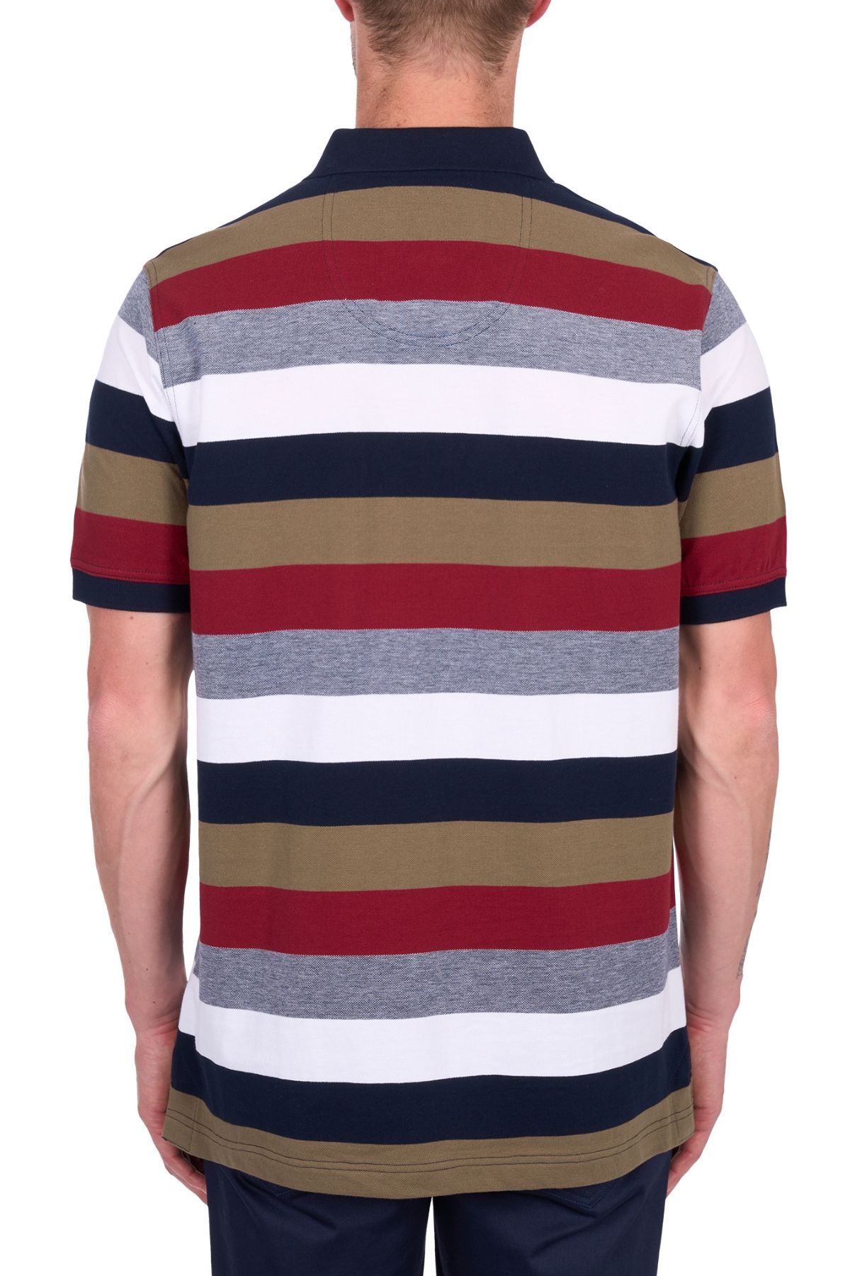 A man with short hair is seen from the back wearing a Thomas Cook Sean Polo, a cotton pique polo featuring multi-colour horizontal stripes in red, navy blue, white, olive green, and gray with short sleeves and a collar.