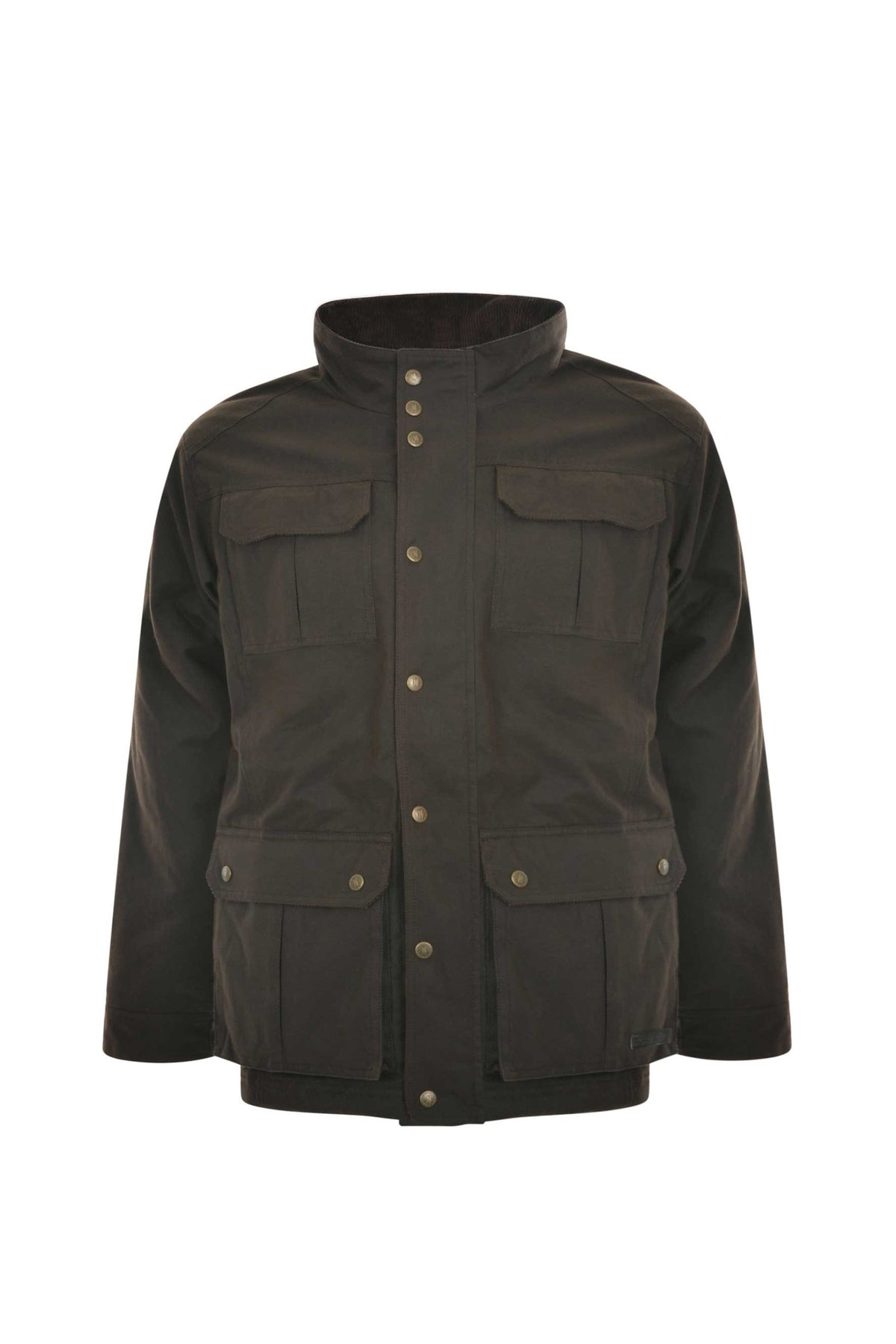 The Thomas Cook Tarcutta Oilskin Jacket is a dark brown waxed cotton coat featuring a high collar, snap-button front, and four large flap pockets. Its rugged, utilitarian design offers both style and durability.