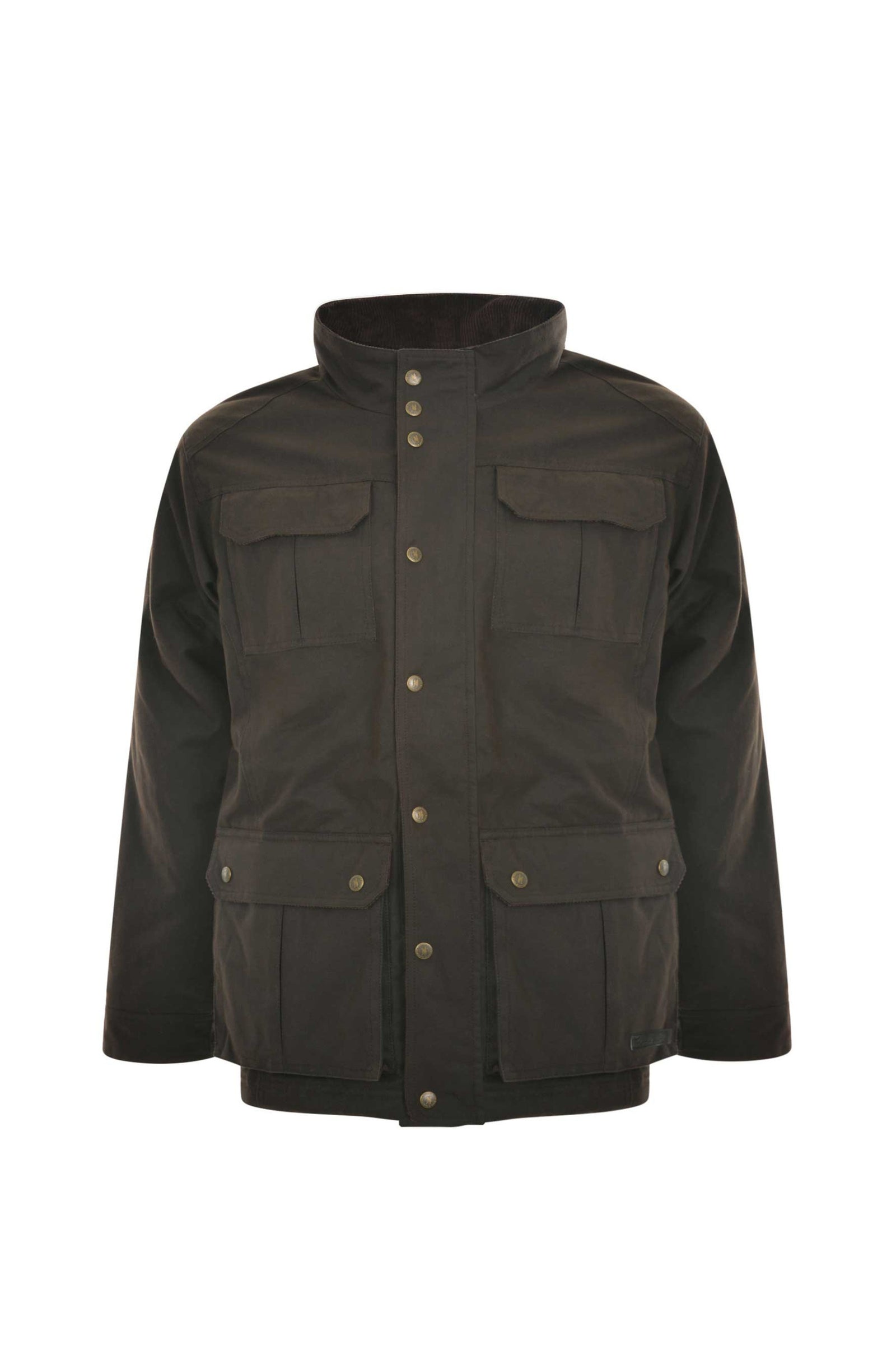 The Thomas Cook Tarcutta Oilskin Jacket is a dark brown waxed cotton coat featuring a high collar, snap-button front, and four large flap pockets. Its rugged, utilitarian design offers both style and durability.