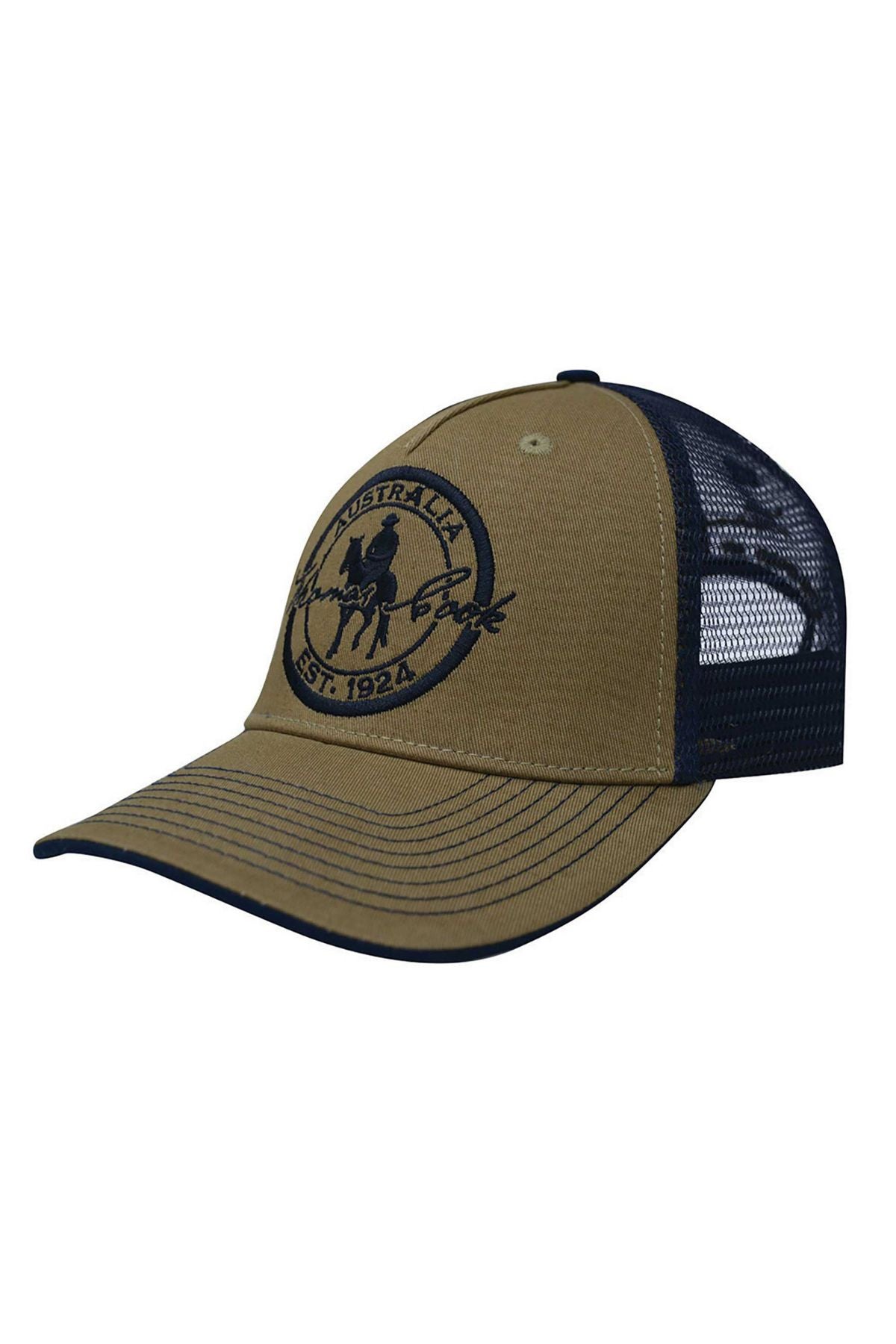 The Thomas Cook Thomas Trucker Cap is brown and black with a front panel embroidered with a horse and rider in a circle, "Australia," and "Est. 1924." The cap features an adjustable fit.