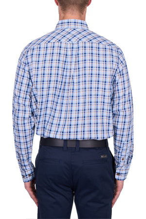 A person is shown from the back wearing a Thomas Cook Thomas Shirt in blue, white, and tan checks with dark blue pants, set against a white background.