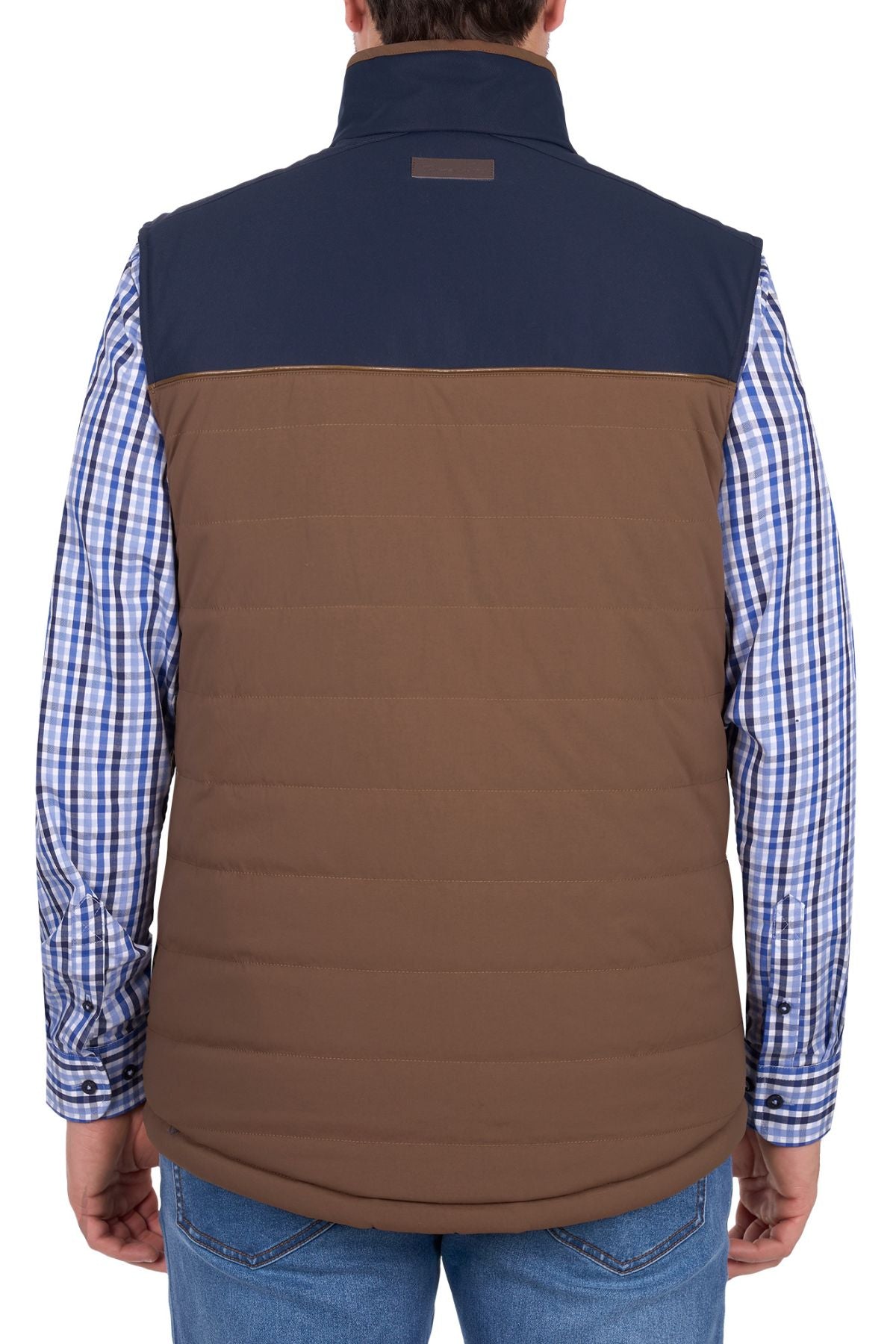 A person wearing the Thomas Cook Toby Revs Vest over a blue and white plaid shirt with blue jeans, shown from the back against a white background.