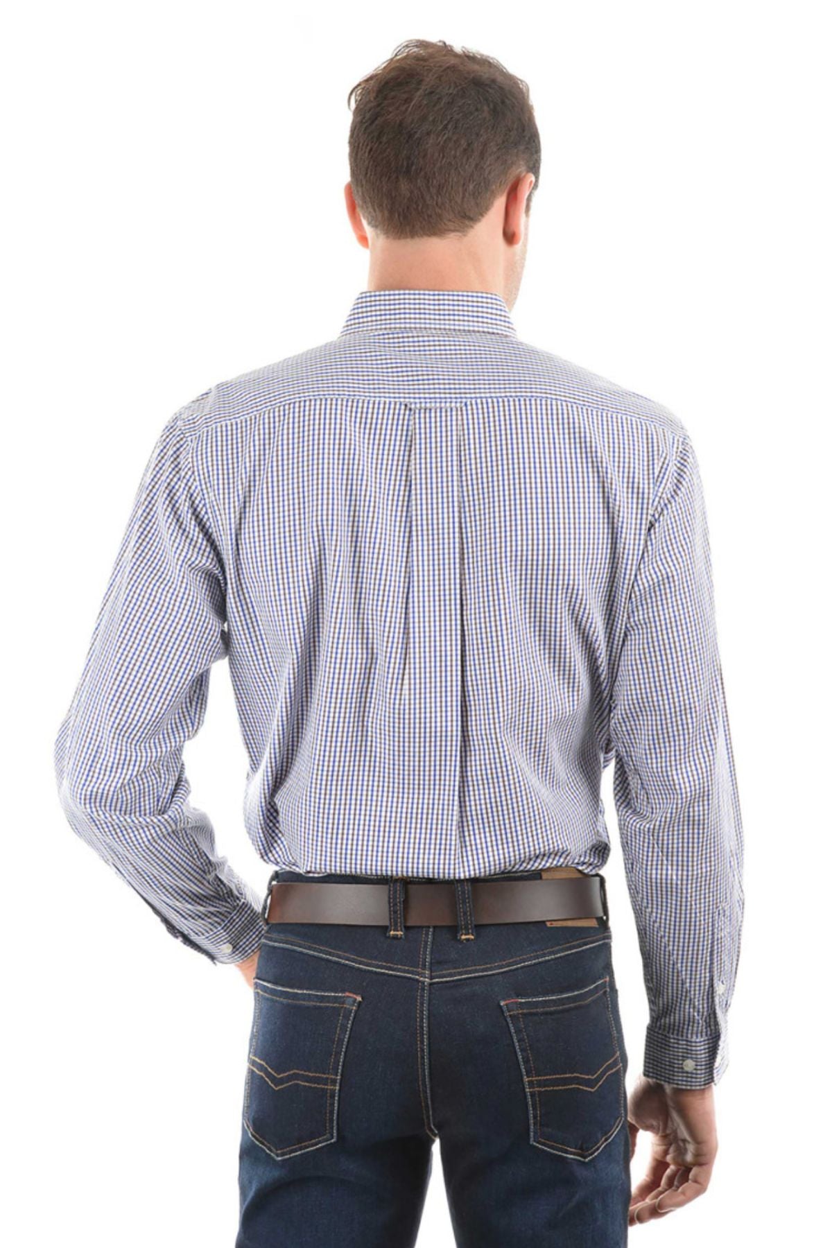A man stands with his back to the camera, wearing a Thomas Cook Wentworth Shirt—a long-sleeved, classic fit, 100% cotton check shirt—tucked into dark blue jeans and paired with a brown belt.