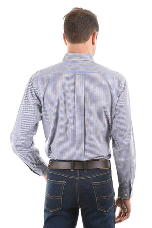 A man stands with his back to the camera, wearing a Thomas Cook Wentworth Shirt—a long-sleeved, classic fit, 100% cotton check shirt—tucked into dark blue jeans and paired with a brown belt.