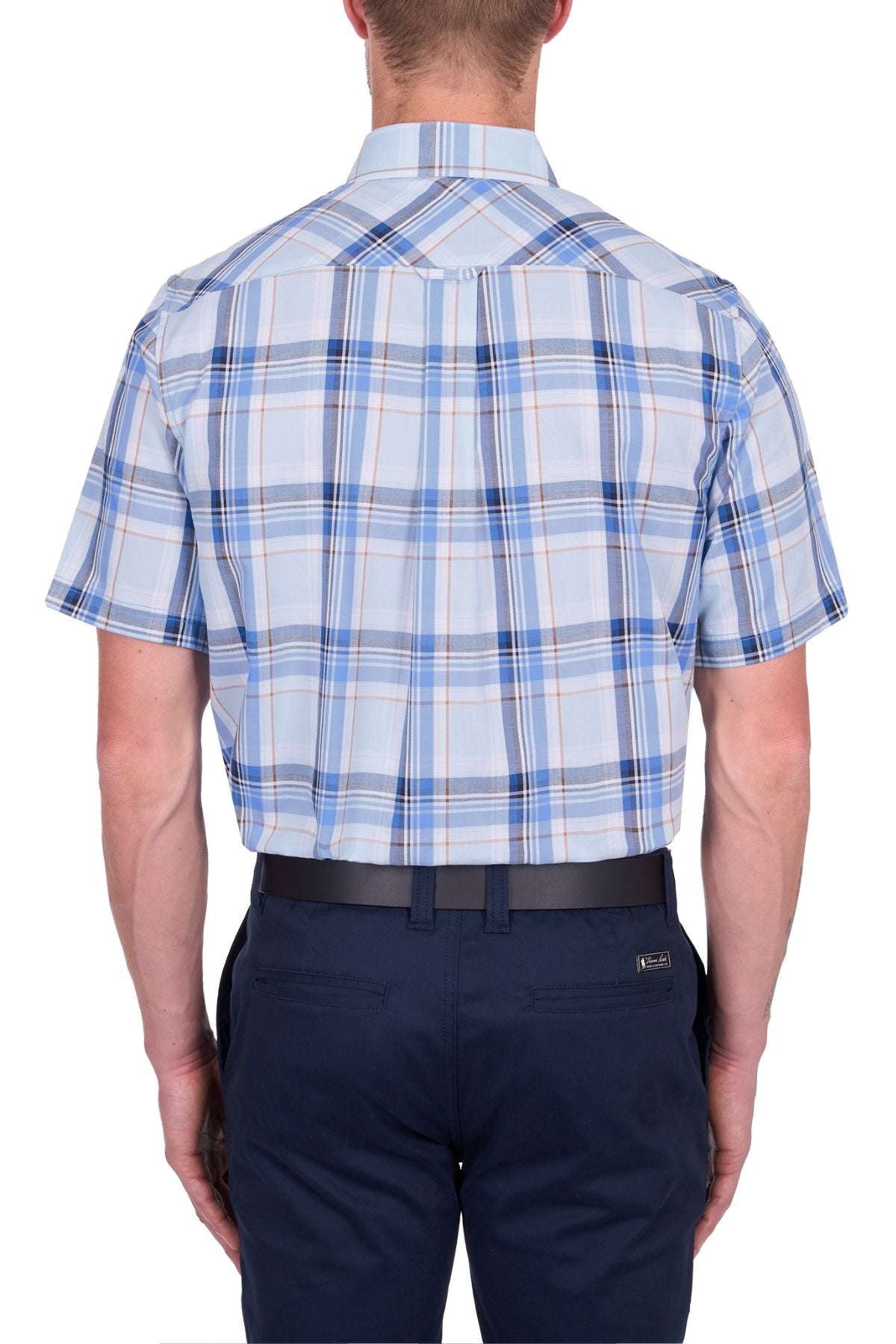 A man is shown from the back wearing the Thomas Cook Brian Short Sleeve Shirt in light blue 100% cotton with a blue, white, and beige plaid pattern, paired with dark blue pants and a belt—ideal for everyday wear.