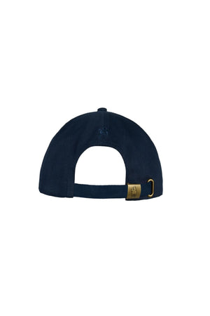 A Thomas Cook Heritage Cap in navy blue is shown from the back on a plain white background, featuring an adjustable strap with a brass buckle and small horseman embroidery above the opening.