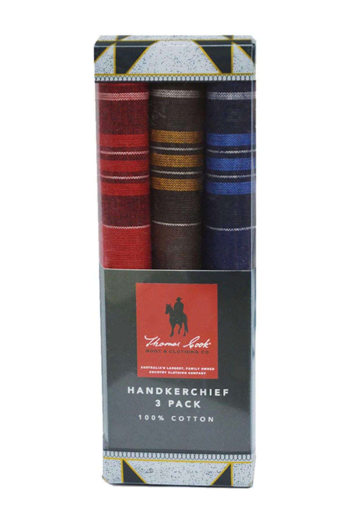 The Thomas Cook Handkerchief 3 Pack includes three 100% cotton handkerchiefs in red, brown, and blue with striped patterns, each featuring a logo of a person on horseback.