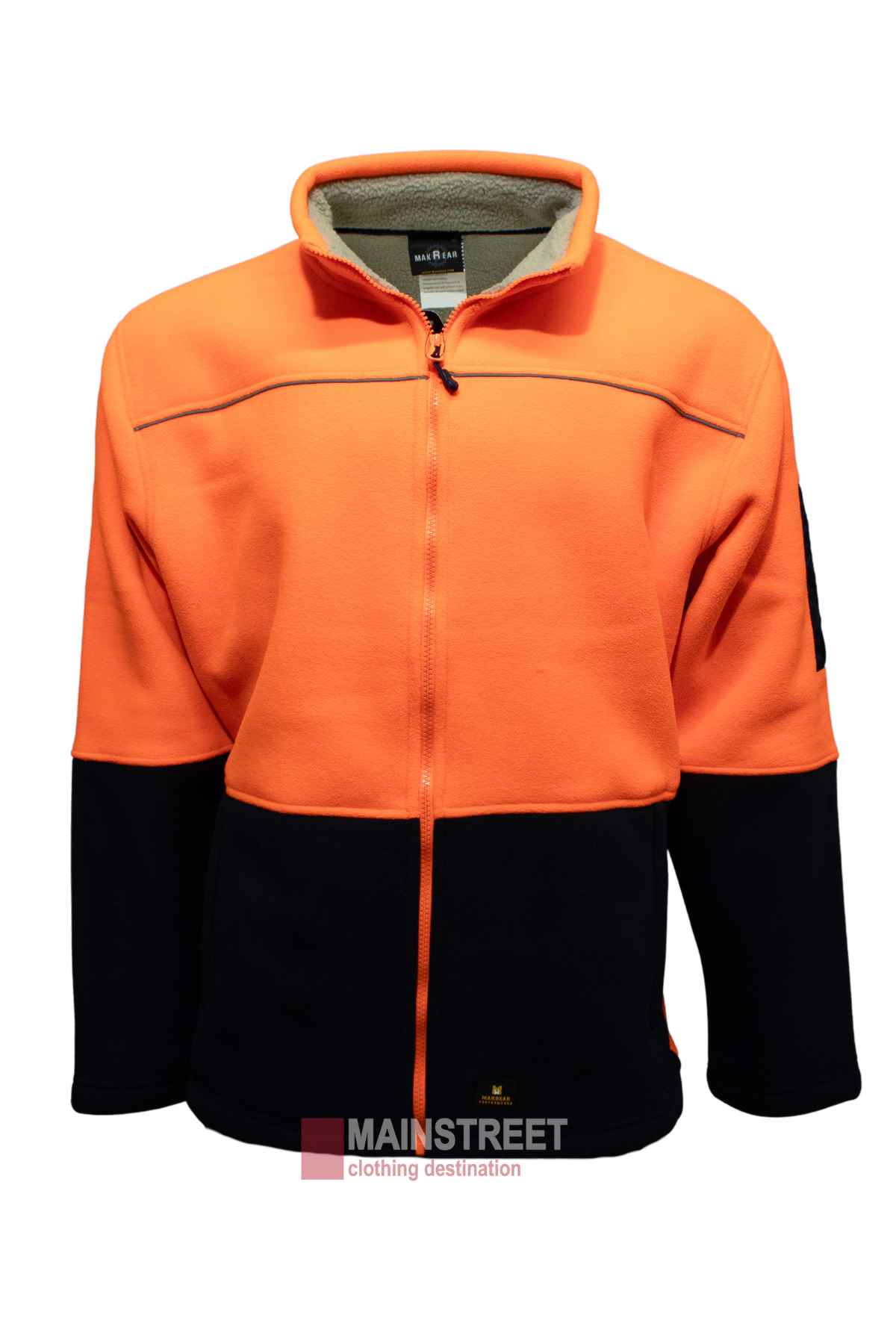 The MakRear Sherpa Polar Fleece Jacket is orange and black with a high collar and full zip front. Made from durable polyester, it includes patch detailing on one sleeve and a small logo near the zipper line.