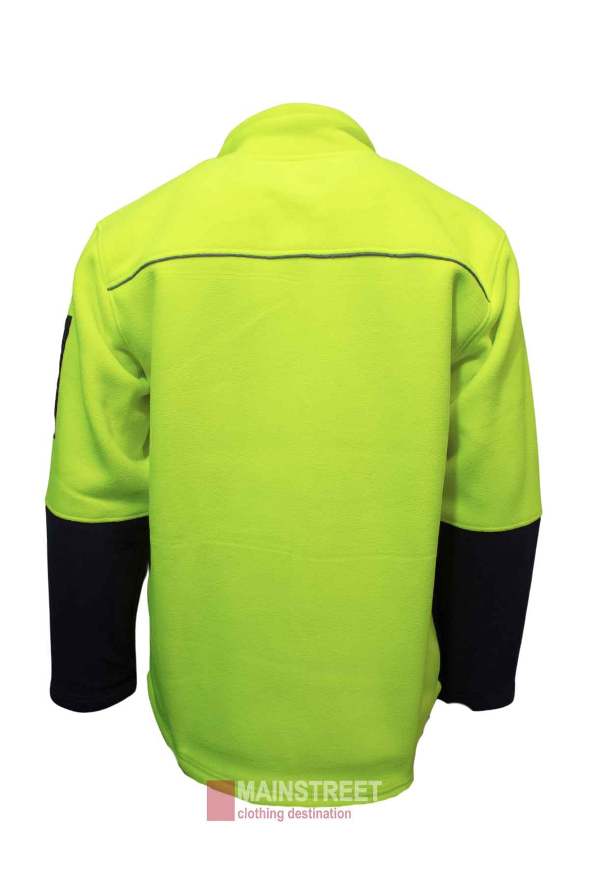 A MakRear Sherpa Polar Fleece Jacket in high-visibility yellow with black sleeves and a full zip front is shown from the back on a white background, featuring the MAINSTREET clothing destination logo at the bottom.