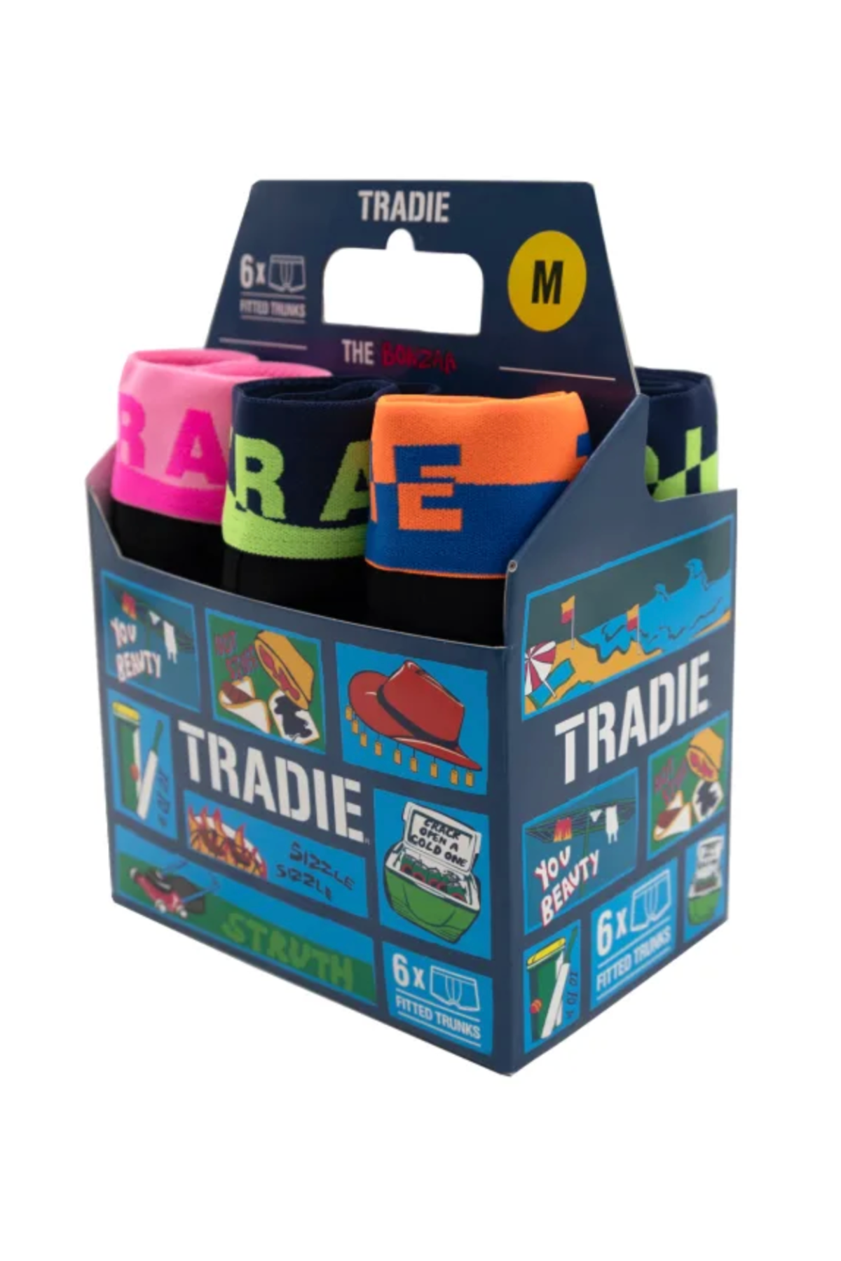 A vibrant box of Tradie Mens 6PK Trunk, size medium, featuring six pairs of cotton trunks in bold colors with eye-catching waistbands, partially visible above the packaging.