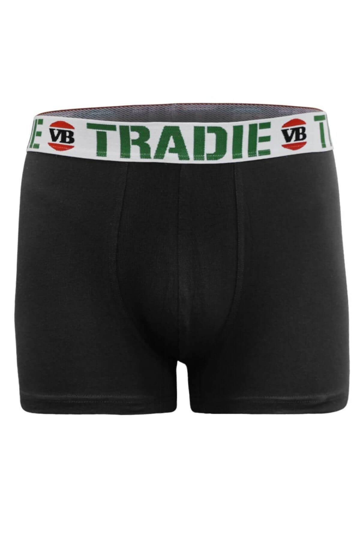 The Tradie Mens 6PK Trunk offers black trunks with a comfortable fit, white waistband featuring green "TRADIE" text and red VB logos. Made from a soft Cotton/Elastane blend for everyday wear.