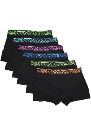 Six pairs of Tradie Mens 6PK Trunk are shown in a row, each featuring a bold "TRADIE" waistband in yellow, green, blue, pink, and orange—crafted from comfortable cotton for everyday wear.