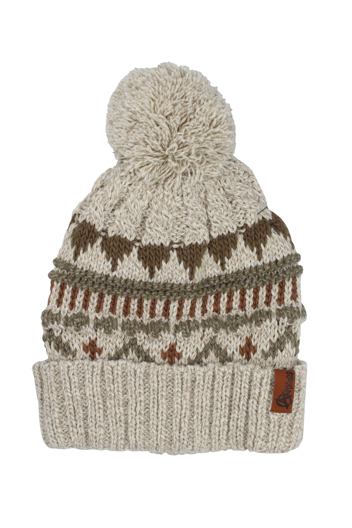 Keep warm in style with the Anticorp Trekka Beanie, featuring cozy knit patterns of brown and green geometric shapes on a beige background, topped with a playful pom-pom. The folded brim includes a brown leather tag for an elegant touch. Perfect for cold weather!.