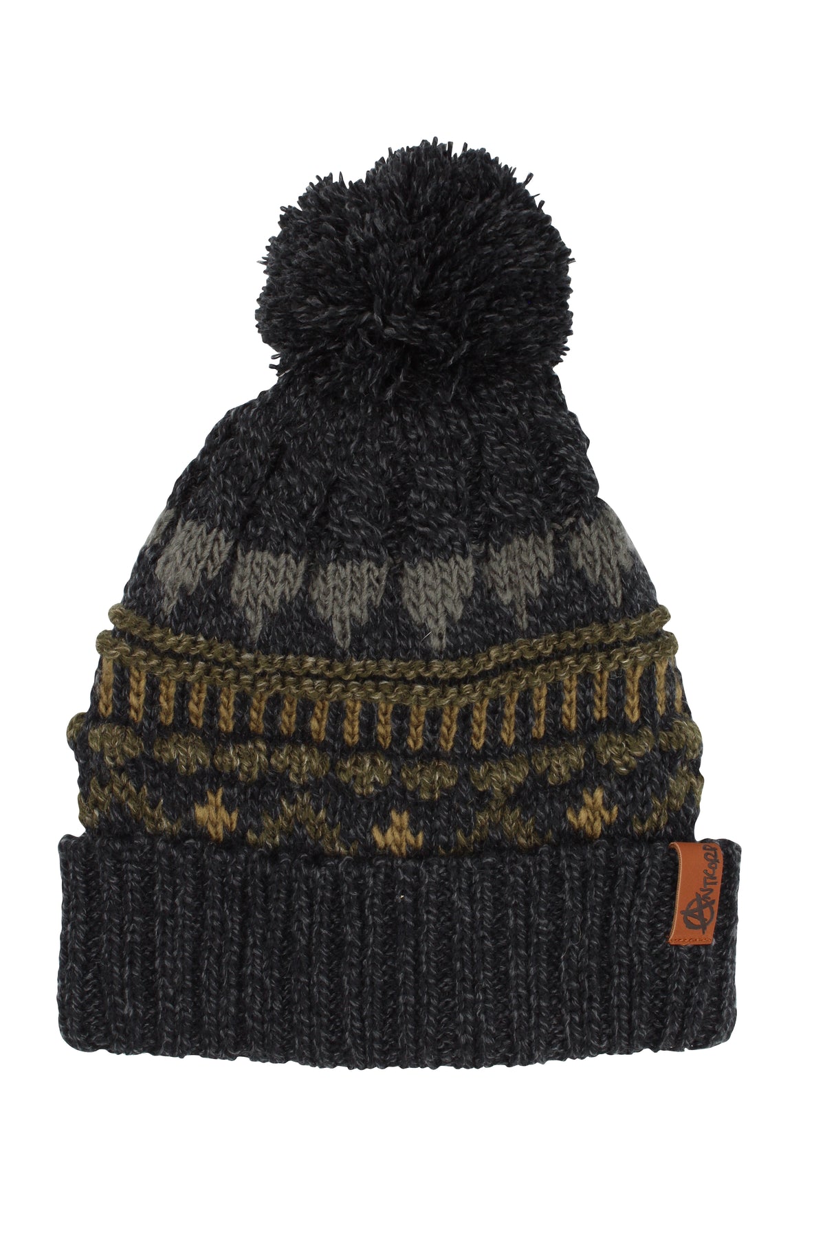 The Anticorp Trekka Beanie is a knitted beanie with a pom-pom, featuring a black, gray, and olive green geometric pattern, a folded ribbed brim, and a small brown side tag—ideal for cold weather.