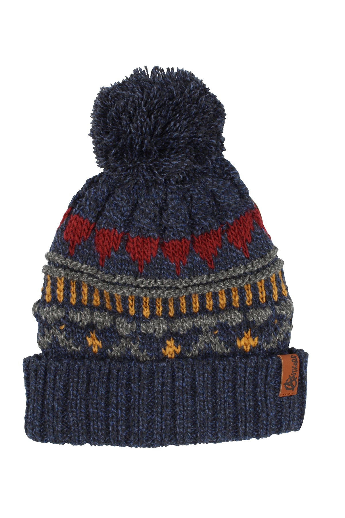 The Anticorp Trekka Beanie is a blue knitted hat with a pom-pom, adorned with red triangles, and gray, yellow, and blue horizontal stripes. Ideal for cold weather, it features a ribbed brim and a small brown Anticorp tag.