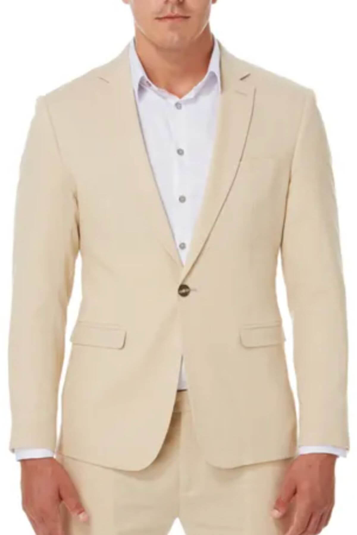 A man wears an Urban Behaviour Linen Slim Fit Sports Jacket with matching pants and a white shirt; only his upper body is visible, arms at his sides.